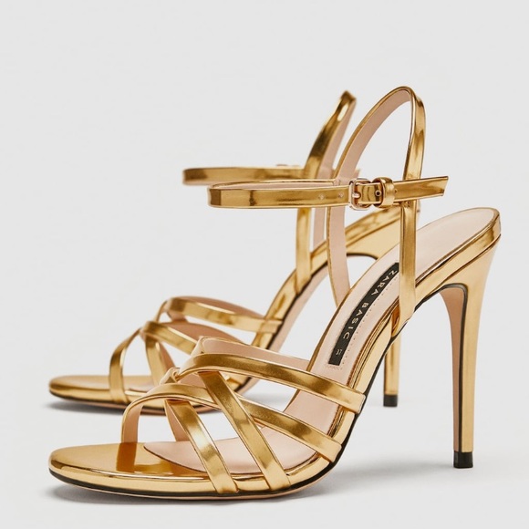 NWT • Zara • Laminated Gold Strappy Sandals - Picture 4 of 8